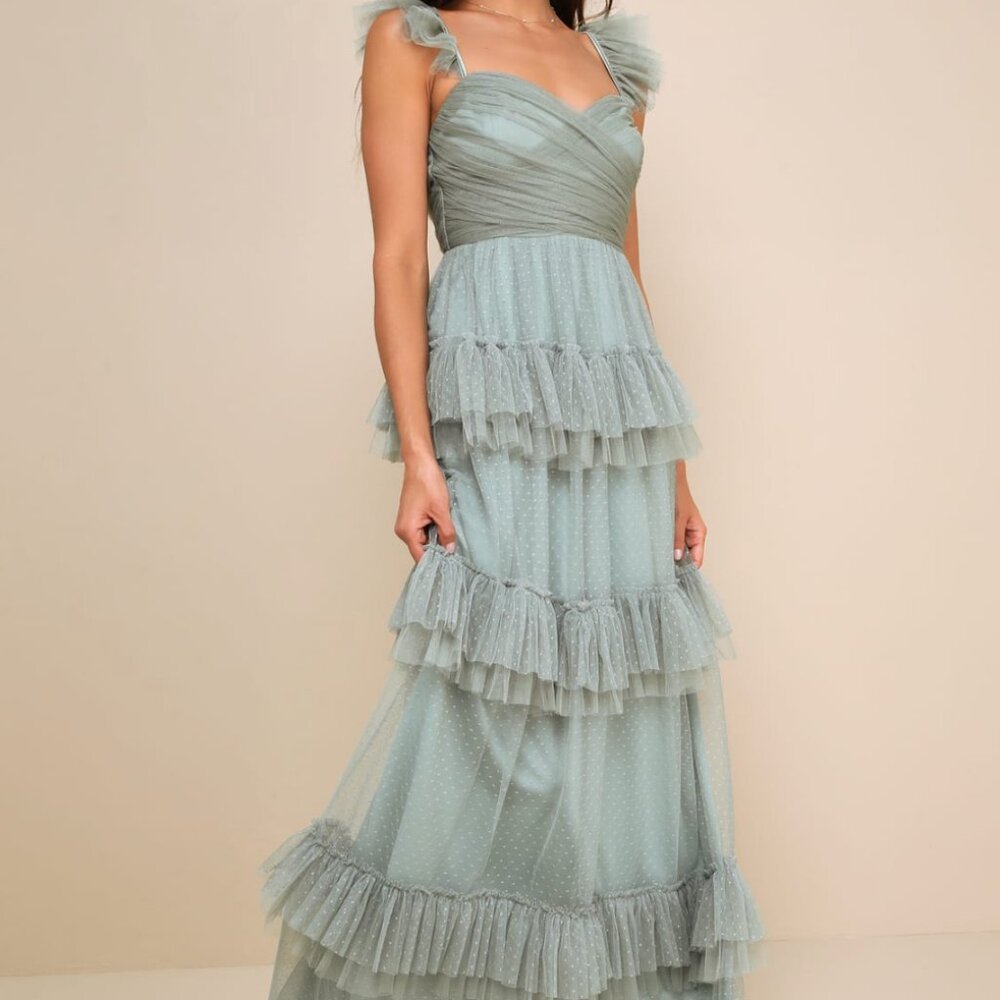 Lulus Pure Radiance Sage Brush Swiss Dot Tiered Maxi Dress – Size XS – Worn Once